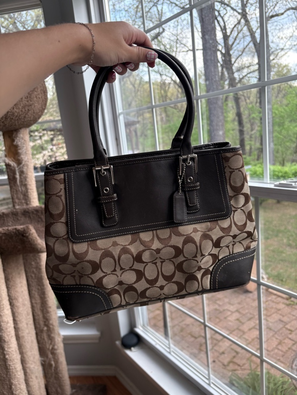 Coach Hampton Brown Signature Jacquard Leather Shoulder Tote Bag